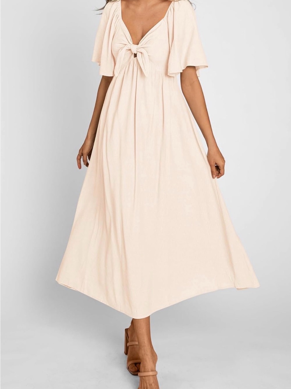 Tie-Front Flutter Sleeve Maxi Dress in Soft Cream